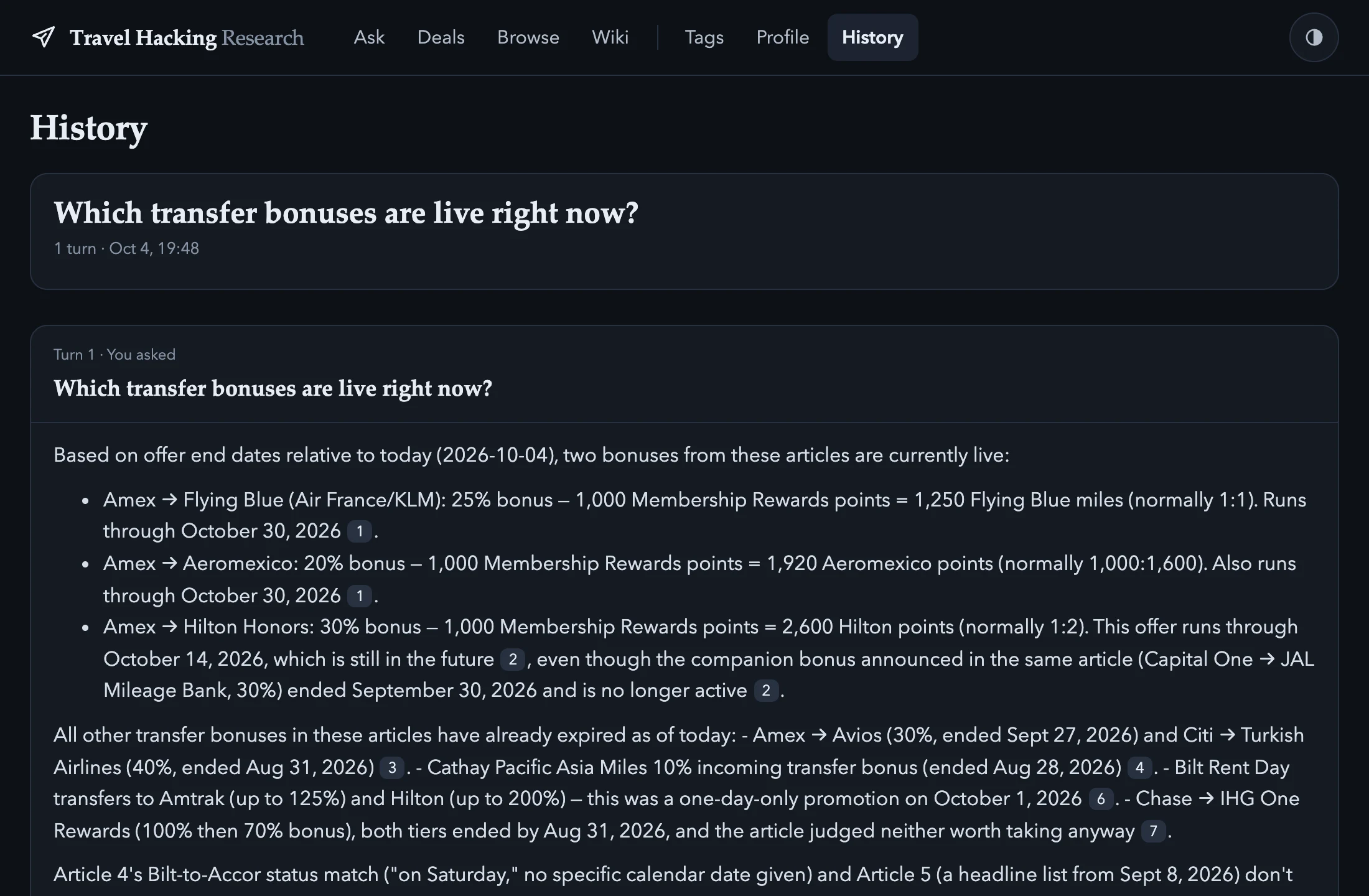 Travel Hacking Research answering which transfer bonuses are live right now, with numbered source citations