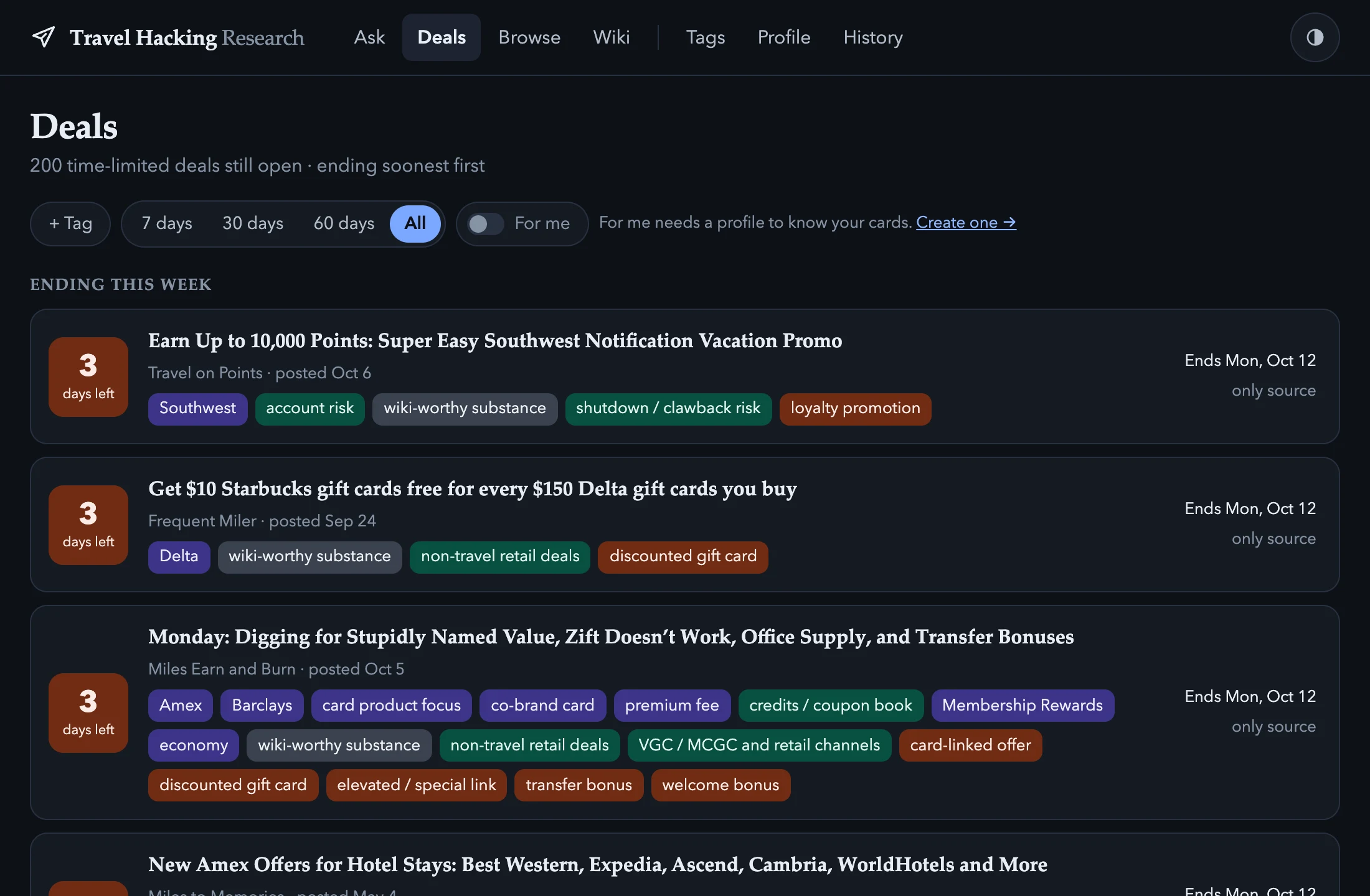 Travel Hacking Research deals screen: 200 time-limited deals still open, each with days left, end date and AI-assigned tags