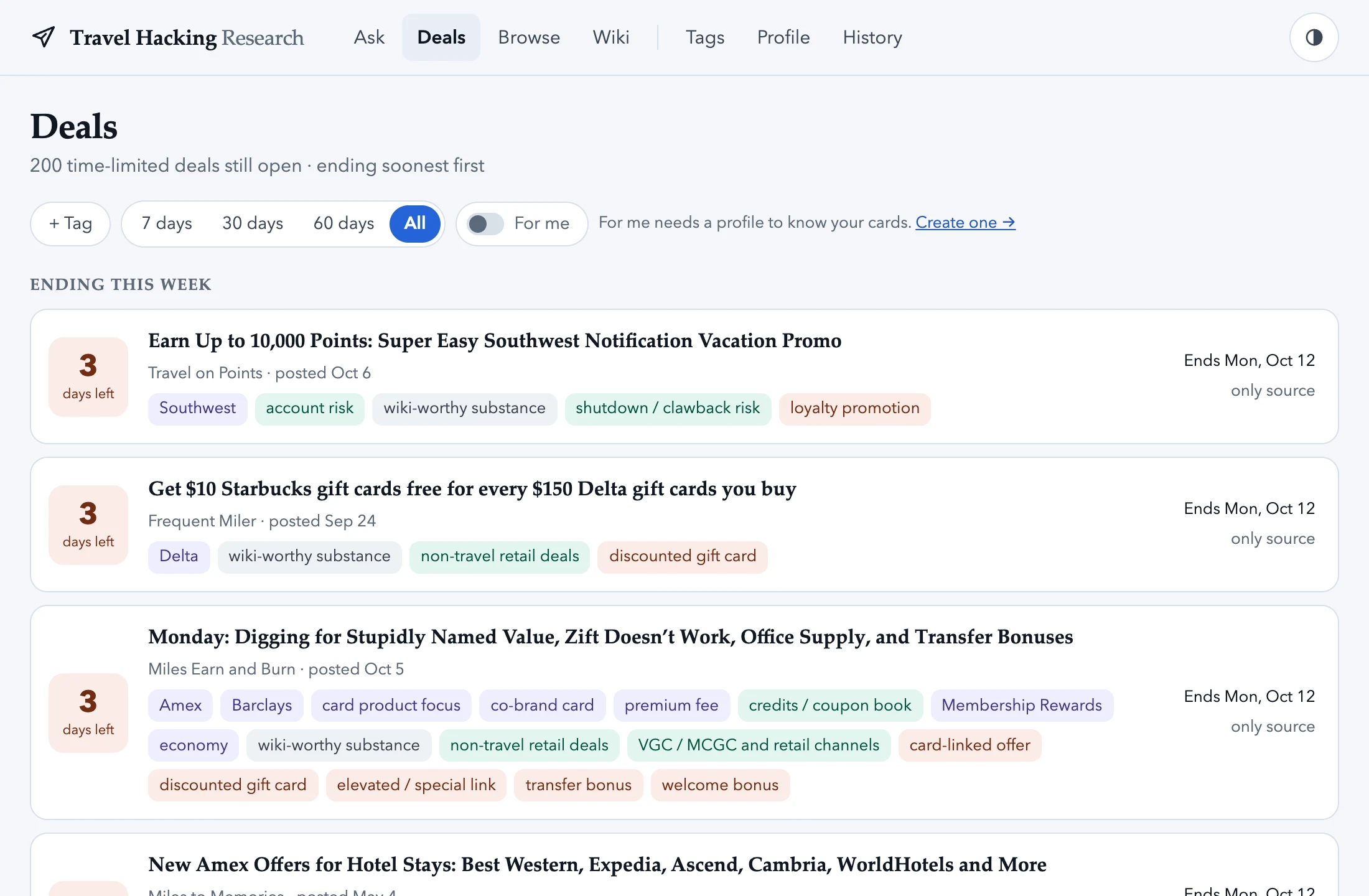 Travel Hacking Research deals screen: 200 time-limited deals still open, each with days left, end date and AI-assigned tags
